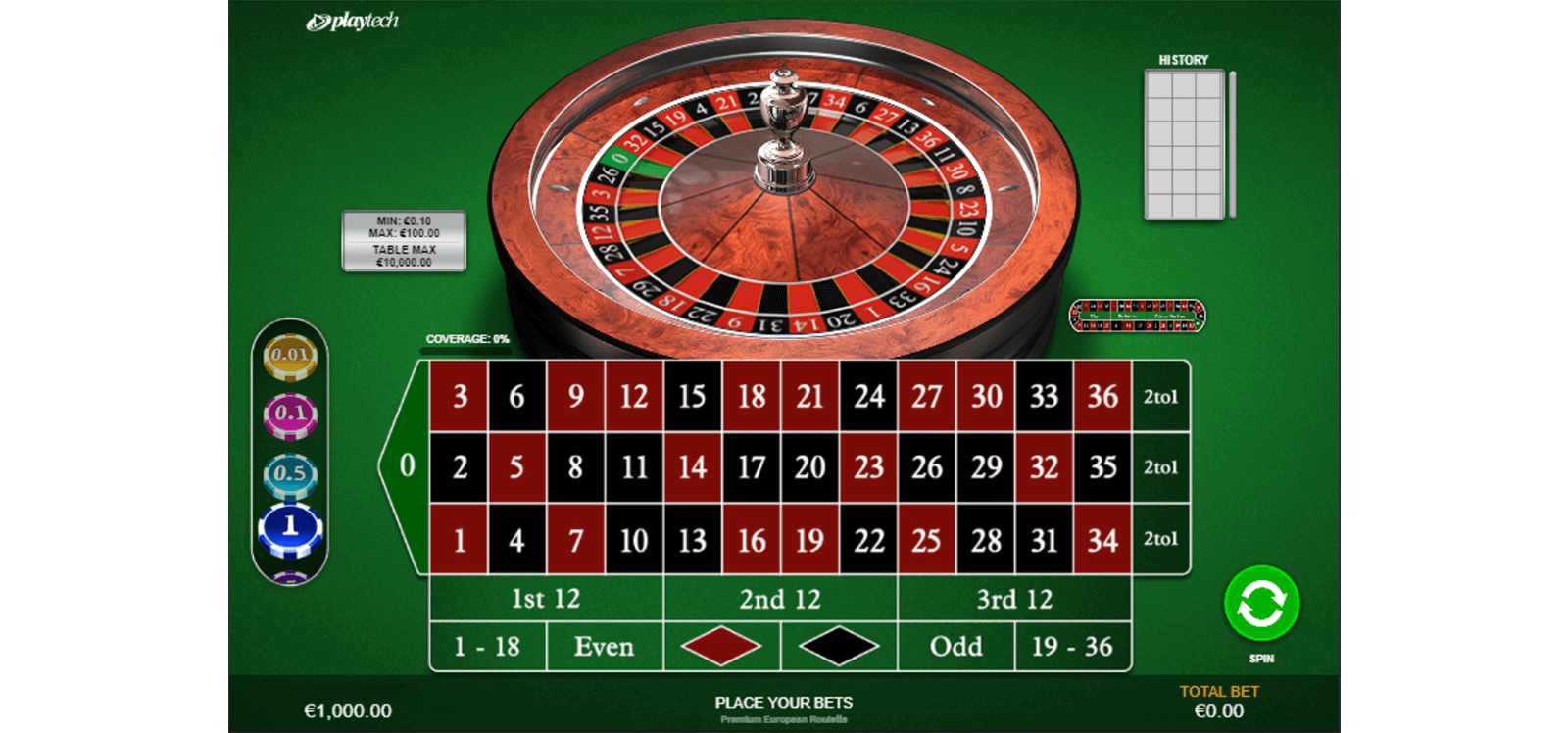 CasinoEnlineaHEX.com   Jugar Gratis Premium European Roulette Playtech