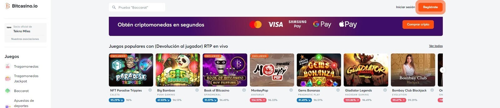 Página web de Bitcasino.io 